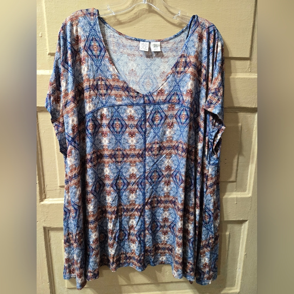 Artisan Ny Blue and Brown Geometric Print Women’s Top